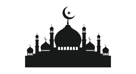 A striking black silhouette of a mosque with a crescent moon and star islamic architecture silhouette © Kuntol02
