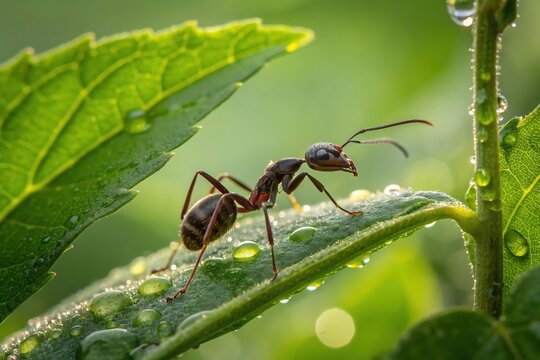 Ant crawls along dew-kissed leaf