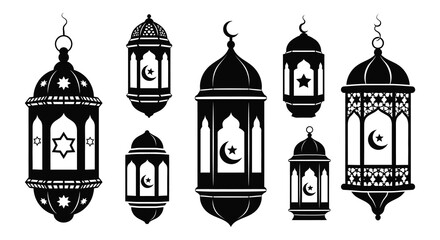 A collection of ornate islamic lanterns and lamps presented in a striking black silhouette high quality © Kuntol02