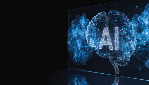 AI neural network digital brain concept blue glowing wireframe with network connections