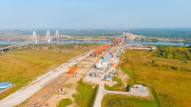 Murom, Russia. Construction of a bridge across the Oka River. Highway M-12 Moscow-Nizhny-Novgorod-Kazan. Drone footage