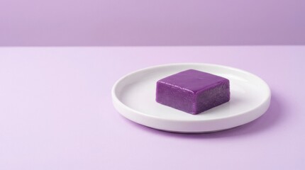 Square Purple Ube Jelly on White Plate, Minimalist Food Presentation, Sweet Asian Dessert Concept