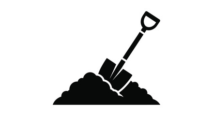 A black silhouette of a shovel digging into a pile of earth and soil silhouette © Kuntol02