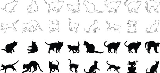 Cat silhouette set with outline and solid poses. Domestic feline sitting, walking, and playing in clean minimalist style. Versatile vector collection for pet branding, logo design, sticker, poster,  © Sk