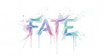 Fototapeta premium Artistic watercolor representation of the word Fate with vibrant colorful splashes and drips on a white paper texture