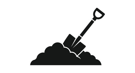 A black silhouette of a shovel stuck in a mound of dirt and rocks silhouette © Kuntol02