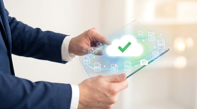 A businessman in a blue suit interacts with a digital cloud interface on a tablet with a green checkmark and various icons