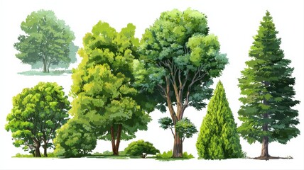 Obraz premium Diverse Tree Collection: Watercolor Style Illustration for Landscaping and Nature Designs, Isolated on White