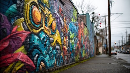 Fototapeta premium Vibrant Graffiti Mural on Urban Brick Wall Along City Sidewalk, Street Art Photography