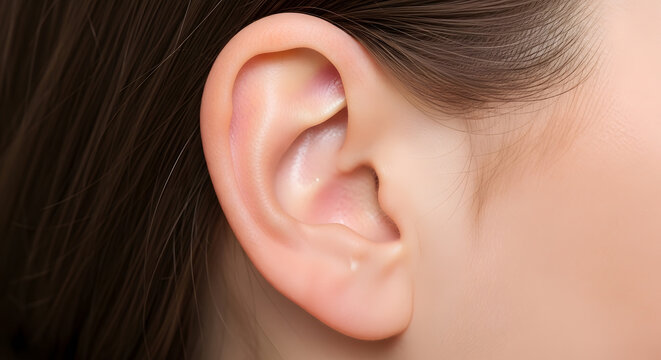 Extreme close up shot of a clean and healthy human female ear showing natural skin texture and hair