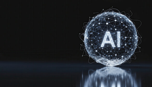 AI network sphere made of glowing nodes and connecting lines with reflective surface