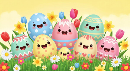 Naklejka premium Adorable smiling Easter eggs in a vibrant green field with colorful spring flowers and tulips under a bright yellow sky.