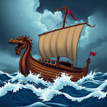 A fierce viking longship with intricately carved dragon figurehead sails across stormy seas waves crashing, dramatic sky in the background. Viking Longship. Illustration