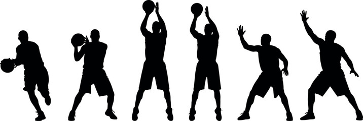 Basketball player silhouette set showing dribbling, shooting and defensive poses with ball, professional sport athlete action vector illustration isolated on white background © MdMojibar