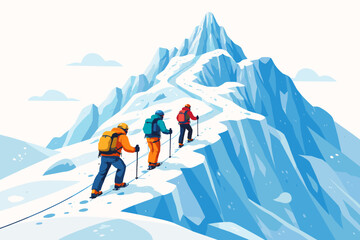 Three mountaineers climbing a steep snowy mountain ridge towards the summit, flat vector illustration of winter adventure, teamwork, and extreme sports in the high alpine ice and snow landscape.