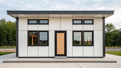 Fototapeta premium adu small home Modern small modular house with large windows and wooden door, surrounded by greenery and cloudy sky.