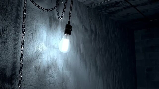 Dark basement interior illuminated by a single swinging light bulb, casting dramatic shadows across the empty room.