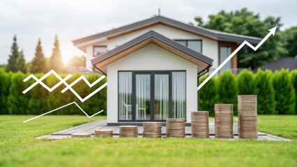 adu small home A miniature house with stacked coins in front and rising financial graph lines, symbolizing real estate investment growth.