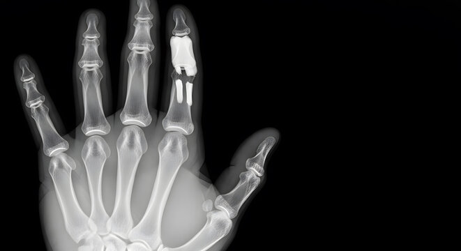 A medical x-ray displaying a clear fracture in the small finger of a human hand