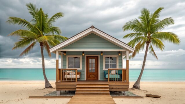 adu small home Small wooden beach house between two palm trees on sandy shore with turquoise ocean and cloudy sky in the background.