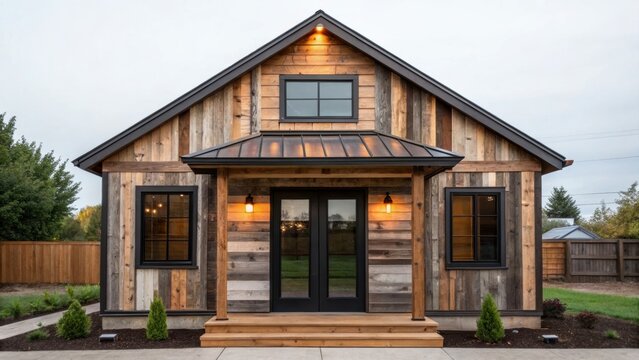adu small home Rustic wooden house with large windows and a metal roof in a fenced yard under a cloudy sky.