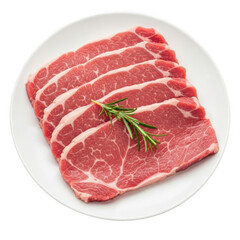 Fototapeta premium Thinly sliced raw beef served on a white plate isolated on transparent background