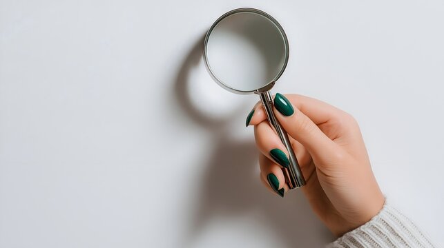 A close-up of a hand holding a magnifying glass, showcasing detailed nail art against a clean white background.