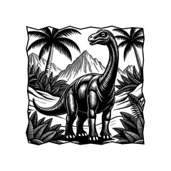 A detailed black and white illustration of a Brontosaurus dinosaur standing in a prehistoric landscape with palm trees and mountains. © davis