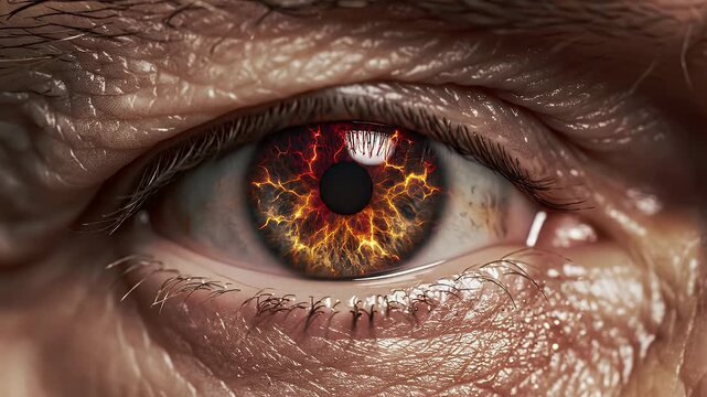 Fiery Human Eye Close-Up - This video showcases a striking close-up of a human eye, featuring vibrant, intricate patterns that resemble flames.