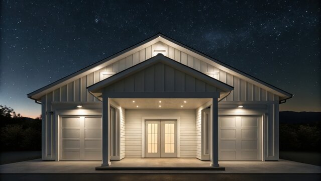 adu small home Modern house exterior with symmetrical design illuminated at night against a starry sky.