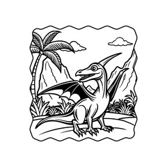 A cute cartoon pterodactyl dinosaur in a prehistoric landscape with mountains and palm trees, black and white illustration. © davis