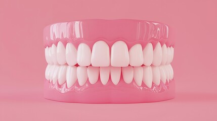 Obraz premium A close-up view of a set of bright white teeth on a pink background, symbolizing dental health and hygiene.