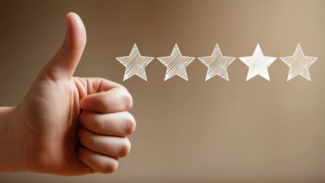 Hand giving thumbs up with five stars in beige background  