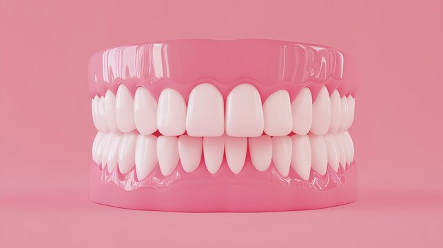 A close-up view of a set of bright white teeth on a pink background, symbolizing dental health and hygiene.