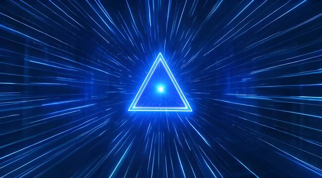 Glowing blue triangle with a bright center within an abstract tunnel background