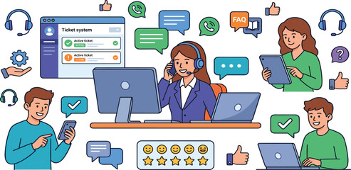 Fototapeta premium Customer Service and Support Concept with Chatbots, Communication, Feedback, and Technical Assistance