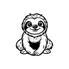 Fototapeta premium Cute black and white cartoon baby sloth illustration sitting with a friendly smile, a charming and simple graphic design.