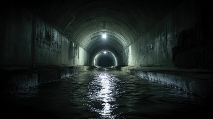 Fototapeta premium Dark Concrete Drainage Tunnel with Flowing Water, Featuring a Lit Archway Entrance at the Exit