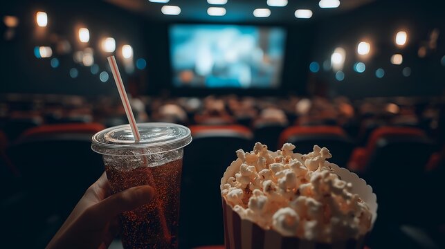 A cozy cinema experience showcasing a refreshing drink and buttery popcorn ready for movie enjoyment.