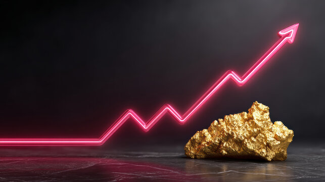 Gold nugget on dark table with neon growth arrow indicating rising value and success