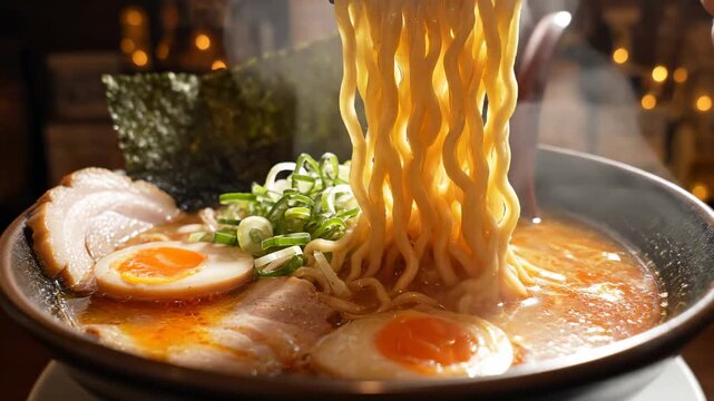 A steaming bowl of ramen noodles with egg and meat.