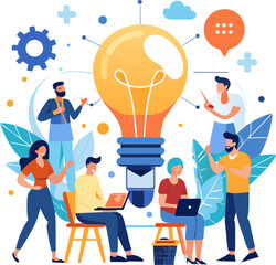 Fototapeta premium Startup team brainstorming ideas with light bulb concept, creative business planning scene, modern vector illustration, white background