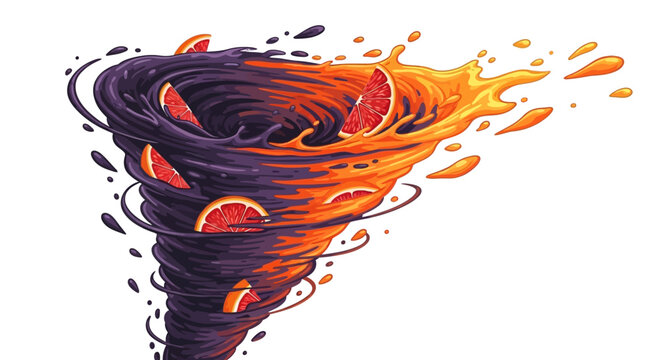 A swirling tornado illustration depicts a dark storm with vibrant orange and yellow flames swirling around it.
