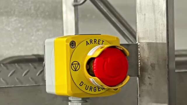 Yellow emergency stop push button with red mushroom head labeled ARRET D'URGENCE mounted on metal frame in industrial facility safety system