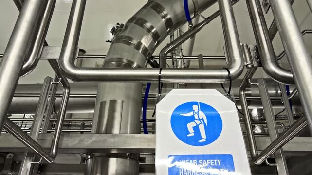 Complex stainless steel piping network with curved insulated pipes blue hoses and safety harness required sign in hygienic industrial processing plant
