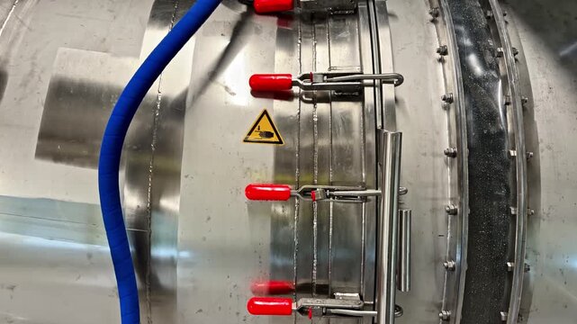 Close up of industrial toggle clamps locking stainless steel tank