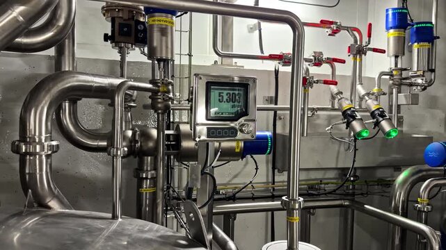 Close-up hygienic stainless steel piping network with digital flow meters pressure sensors blue hoses and illuminated indicators around large process tanks in clean industrial facility