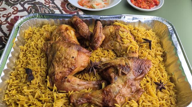 Kabsa rice or nasi kabsa, traditional Middle Eastern rice dish