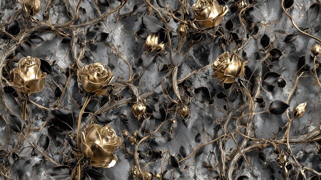 Golden roses and vines over textured gray backdrop decorative floral design
