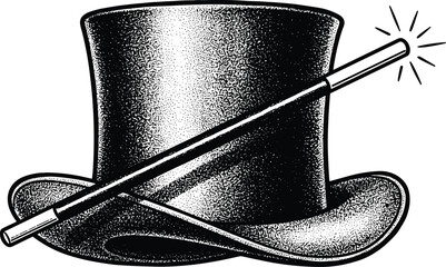 Magician top hat with magic wand, vintage engraving style illustration of classic magic trick symbol isolated on white background for entertainment design © Elias